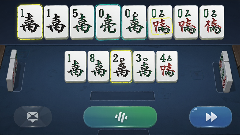 微壳跑胡子对局界面示意图,画面展示玩家手牌区域与桌面出牌区,牌面排列整齐,主体为字牌组合与操作按钮,布局采用上下分层结构,风格简洁明快,细节突出牌面文字与高亮提示效果,画质清晰干净,无杂乱背景元素
