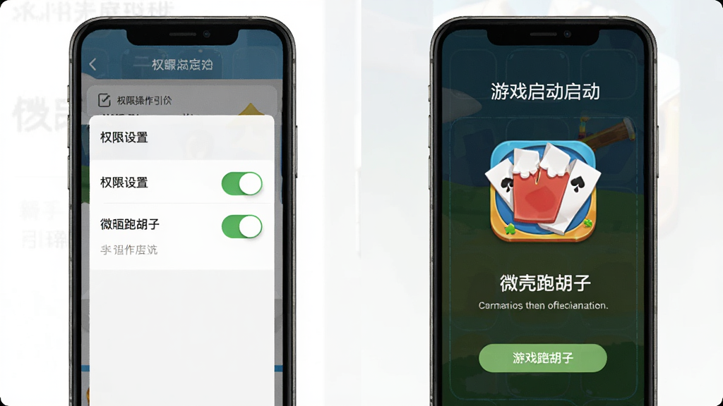 微壳跑胡子新手操作引导示意图,画面展示手机屏幕内权限设置页面与游戏启动界面并列,主体为权限开关与游戏图标,布局采用左右分栏对比构图,风格简洁说明性设计,细节突出开关状态与提示文字,画质清晰干净,无多余装饰元素