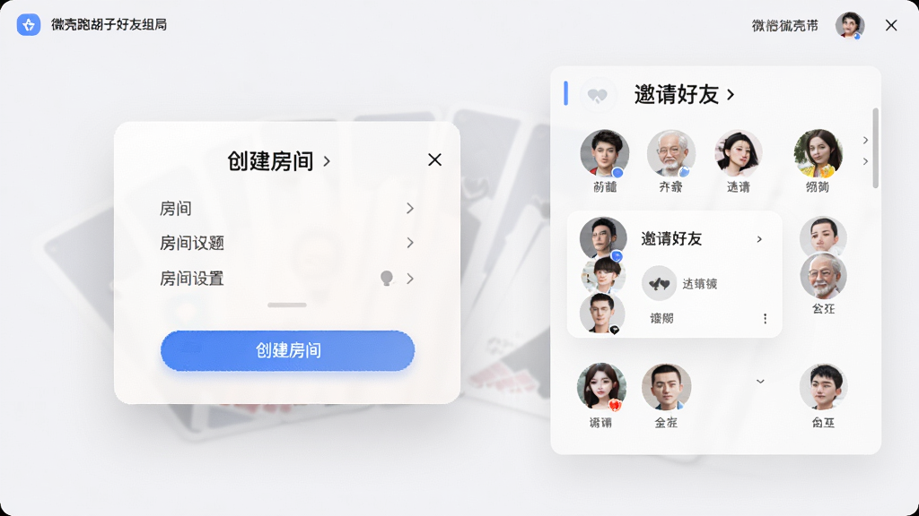 微壳跑胡子好友组局界面图,画面显示创建房间弹窗与邀请好友列表,主体为房间设置面板与玩家头像排列,布局采用卡片式悬浮设计,风格现代简约,细节刻画按钮质感与头像细节,画质清晰干净,无多余干扰元素