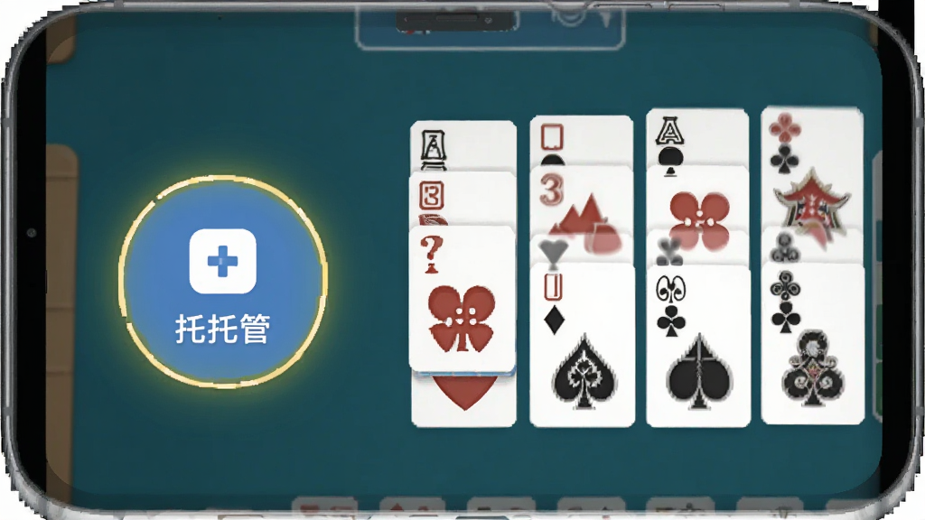 微壳跑胡子托管功能示意画面,画面展示手机屏幕内牌局自动出牌状态与托管图标高亮,主体为托管按钮与牌面自动排列效果,布局采用局部特写构图,风格扁平化设计,细节突出图标状态与牌面变化,画质清晰干净,无冗余视觉元素