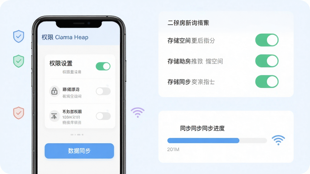 二手房新房助手新手操作指引示意图,主体为手机屏幕展示权限设置页与数据同步按钮,布局为上下分栏,上方为权限开关列表,下方为同步进度条,风格为扁平化浅色界面,细节包含盾牌图标、存储空间提示、WiFi标识,画质清晰,画面干净整洁无多余装饰