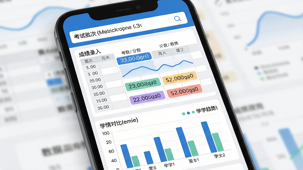 智慧校园(教师端)成绩分析页面,主体为手机屏幕展示成绩录入表格与学情趋势折线图,布局上方为考试批次选择栏,中部为分数录入网格,下方为柱状对比图,排版整齐有序,风格为现代数据可视化教育界面,细节包含蓝色折线、分数高亮色块、统计标签,画质高清,画面干净,无多余元素