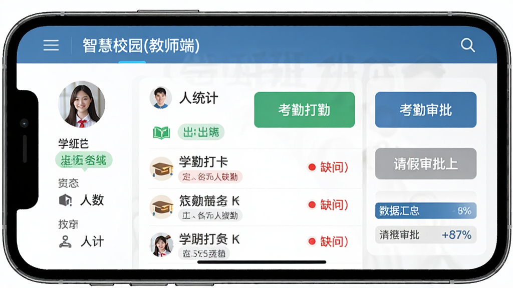 智慧校园(教师端)班级管理功能界面,主体为手机屏幕展示学生名单与考勤状态列表,布局左侧显示班级头像与人数统计,右侧为考勤打卡按钮与请假审批入口,排版清晰分区,风格为简约教育办公风,细节包含绿色出勤标记、红色缺勤提示、数据汇总条,画质清晰,画面干净,无多余元素