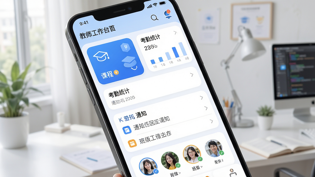 智慧校园(教师端)应用整体界面展示,主体为一部智能手机屏幕显示教师工作台首页,布局包含课程卡片、考勤统计、通知列表与班级头像模块,排版采用上下分层的信息流结构,风格为清爽扁平化教育类APP设计,细节包含蓝色主色调图标、圆角卡片、简洁数据图表,画质高清,画面干净,无多余元素
