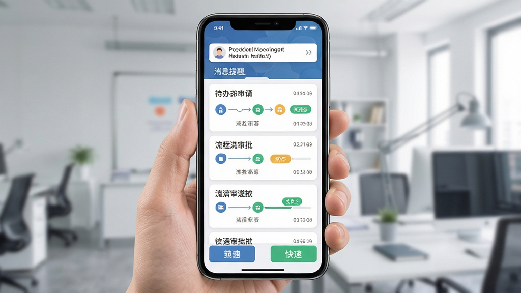 智慧校园(教师端)移动办公审批界面,主体为手机屏幕展示待办审批列表与流程进度条,布局顶部为消息提醒横幅,中部为申请卡片列表,底部为快捷操作按钮,排版采用纵向卡片流,风格为清爽商务教育风,细节包含流程节点图标、状态标签、时间戳,画质清晰,画面干净,无多余元素