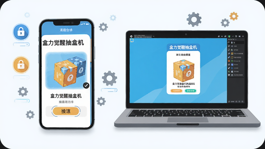 画面主体为一部手机和一台笔记本电脑并排摆放,手机屏幕显示盒力觉醒抽盒机抽盒页面,电脑屏幕显示安卓模拟器运行同一应用,布局为左右对比构图,风格为科技感扁平插画,细节上设备周围有简洁的权限图标和齿轮符号点缀,画质高清、画面干净无多余元素