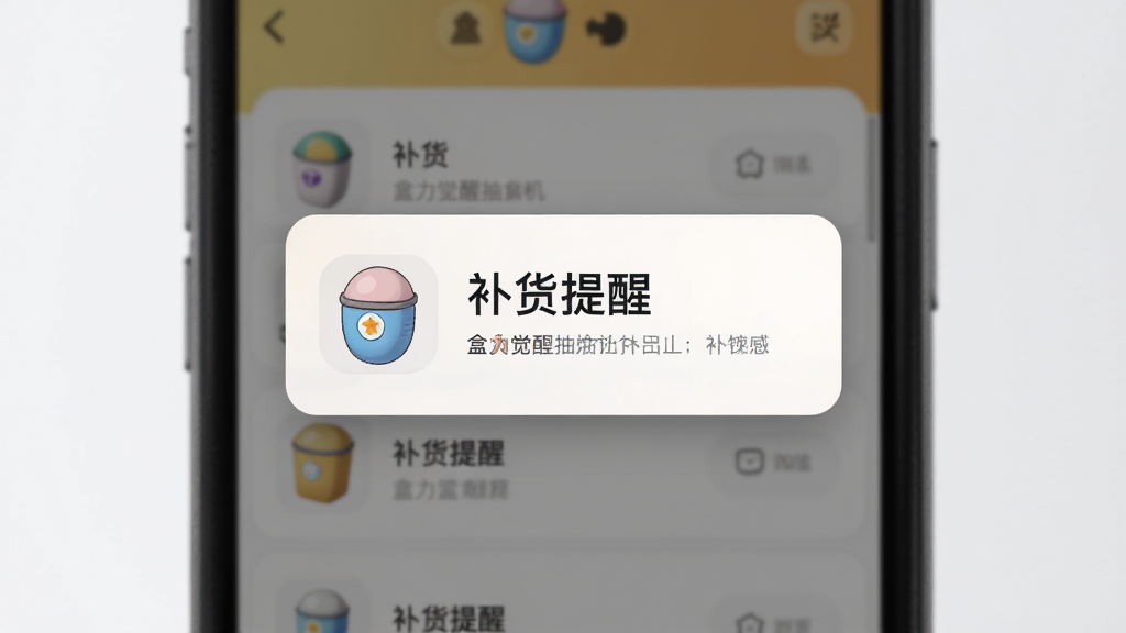 画面主体为盒力觉醒抽盒机应用中的补货提醒弹窗界面,手机屏幕中央显示一个通知卡片,卡片上有“补货提醒”字样和盲盒图标,布局为弹窗居中覆盖在列表页上方,风格为轻拟物UI设计,细节上弹窗带有柔和投影、背景略微虚化,画质高清、画面简洁干净