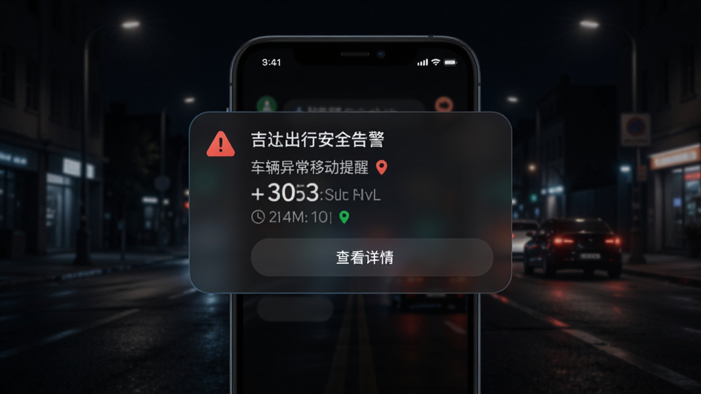 画面主体为手机屏幕弹出吉达出行安全告警通知卡片,卡片显示车辆异常移动提醒与位置信息,背景为深色夜间街道,布局为通知卡片居中悬浮,风格为暗色科技风,细节包含警示图标、时间戳、查看详情按钮,画质清晰锐利,无多余元素