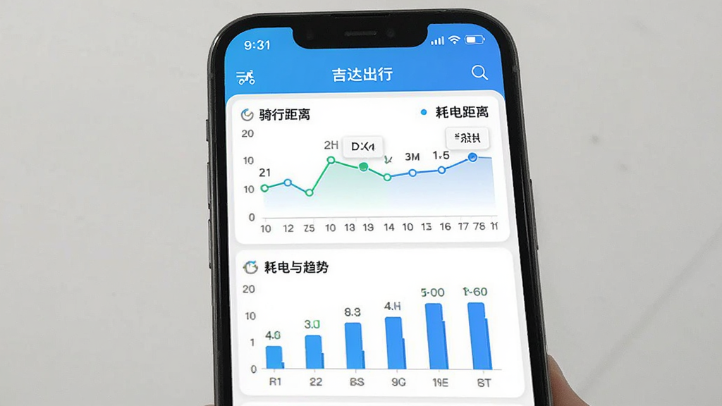 画面主体为手机屏幕展示吉达出行骑行数据统计页面,包含折线图与柱状图展示一周骑行距离与耗电趋势,布局为上下分层图表组合,风格为清新数据可视化风,细节包含日期轴、数据标签、吉达出行应用顶部栏,画质干净清晰,无多余元素