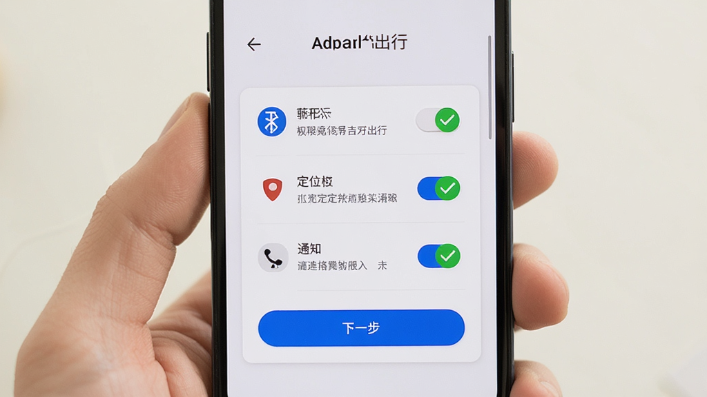 画面主体为一部安卓手机屏幕显示吉达出行应用权限设置引导页,页面列出蓝牙、定位、通知三项权限开关,旁边有绿色对勾标识,布局为居中卡片式,风格为清爽引导页风,细节包含权限图标、说明文字、下一步按钮,画质干净明亮,无多余元素