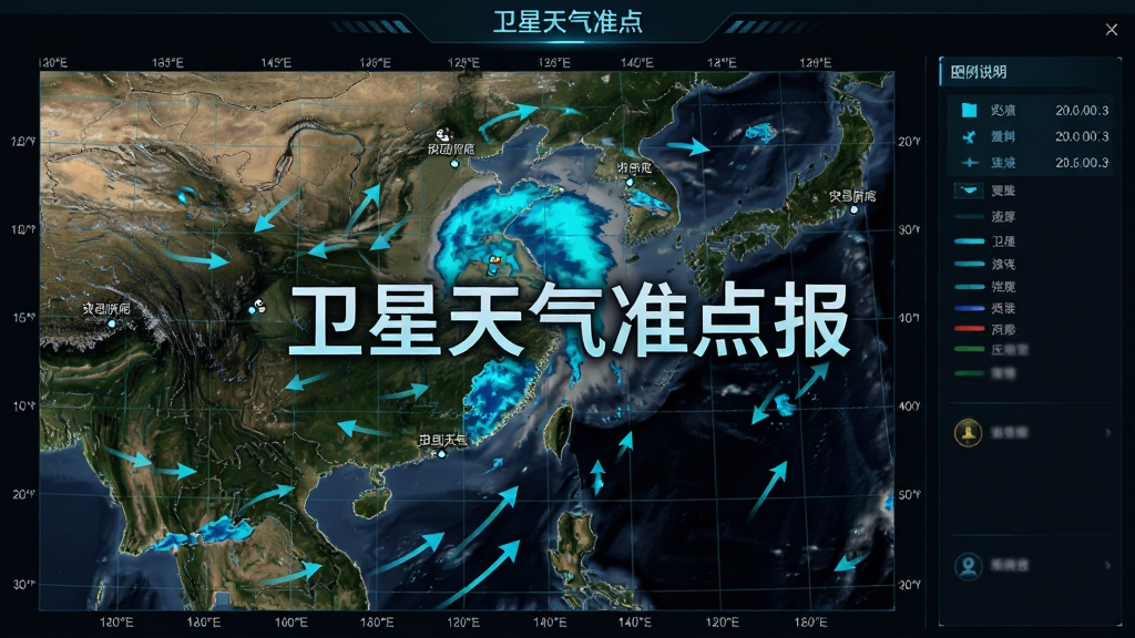 主体为一块横向展开的卫星云图界面,布局为左侧云图主体、右侧图例说明,排版上云图占画面三分之二,风格为深色科技风配青蓝色回波色块,细节包括经纬网格、城市标注点、云层流动箭头,画质清晰锐利,画面中打文字“卫星天气准点报”,干净无多余元素