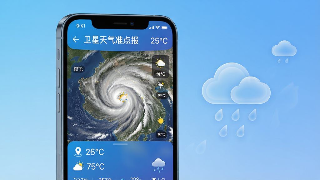 主体为一部竖屏智能手机,屏幕中显示卫星云图与天气数据界面,布局上手机居中偏左,右侧悬浮半透明云层与雨滴图标,排版采用上下分层结构,风格为清爽科技蓝渐变,细节包括云图纹理、温度数字、定位图标,画质高清干净,无多余元素,画面中打文字“卫星天气准点报”