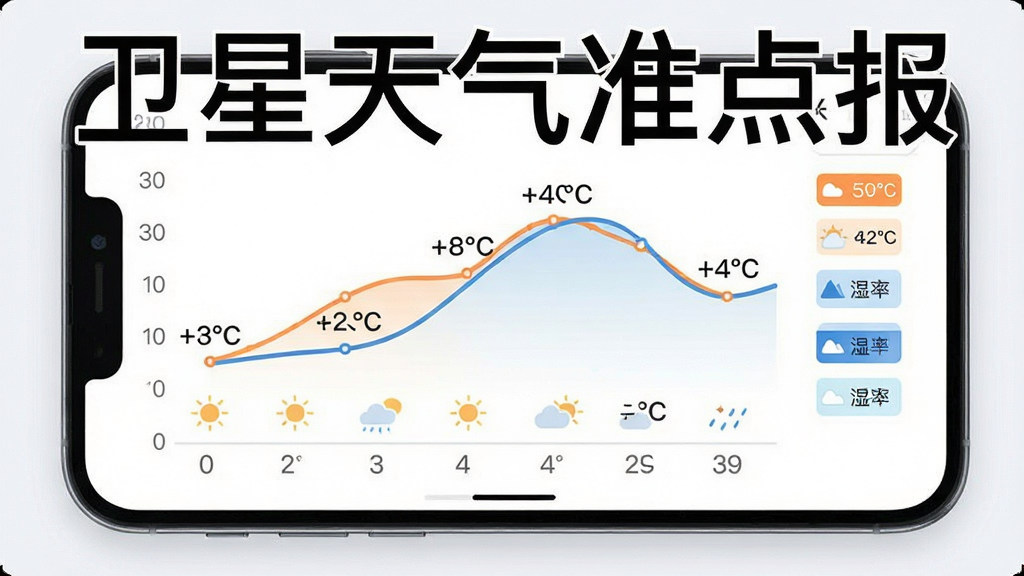 主体为一部手机展示多日天气趋势折线图界面,布局上折线图居中、日期横轴在下方,排版为上下结构,风格为柔和浅色系配橙蓝双色曲线,细节包括温度数字标签、天气小图标、湿度色块,画质干净清晰,画面中打文字“卫星天气准点报”,无多余装饰