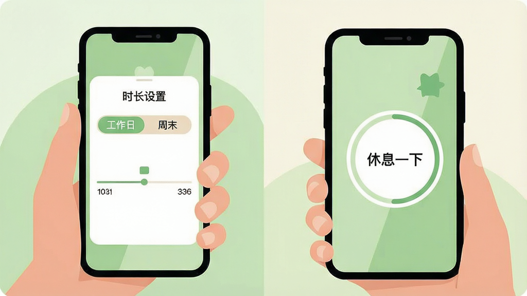 一张横向构图的扁平插画,画面左侧是一位家长手持手机,手机屏幕弹出“时长设置”面板,面板上有“工作日”“周末”两个选项卡和一条时间轴;画面右侧是一部孩子手机,屏幕显示倒计时圆环和“休息一下”的提示文字;整体风格清爽简约,配色以浅绿和米白为主,构图居中,画质清晰干净