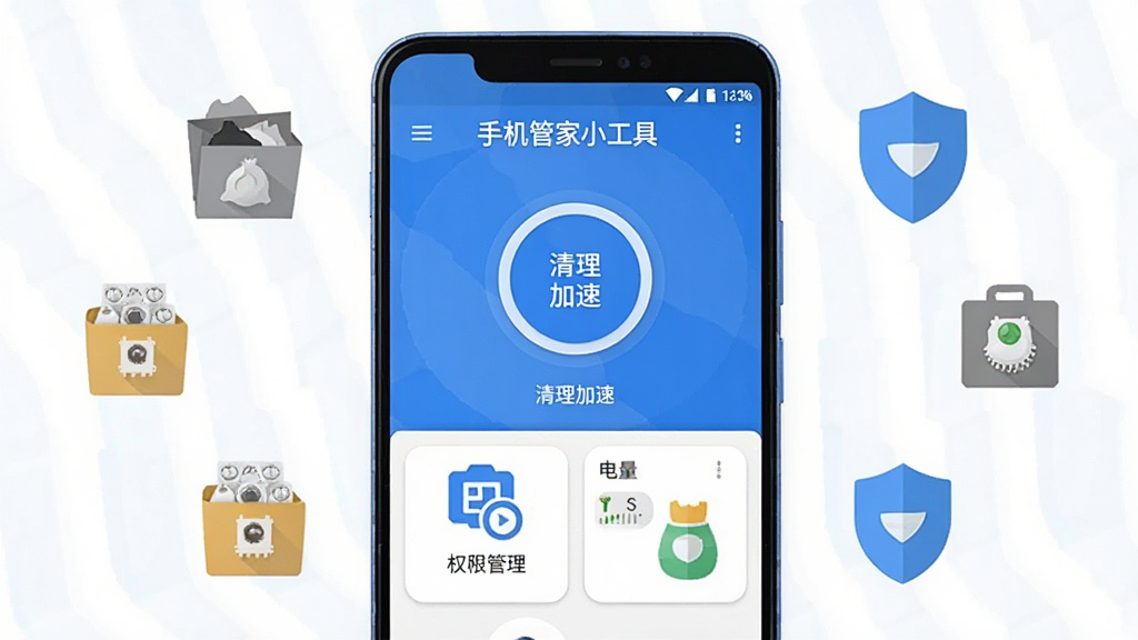 一部安卓手机屏幕居中显示“手机管家小工具”应用主界面,界面包含清理加速圆形按钮、权限管理图标、电量管理卡片,手机周围环绕着垃圾文件、缓存图标、盾牌安全标识等小元素,扁平化科技风格,蓝色与白色为主色调,画面干净整洁,布局清晰,细节丰富,高清画质,无多余元素