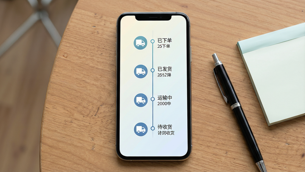 一张手机应用订单追踪页面展示图,画面主体为智能手机屏幕,屏幕上以时间轴形式呈现订单状态节点,包括已下单、已发货、运输中、待收货等环节,每个节点配有图标与简短文字说明,背景为浅色渐变,手机置于木质桌面上,旁边有一支笔和便签纸,风格为清新商务风,布局居中对称,细节清晰,画质干净,无多余元素