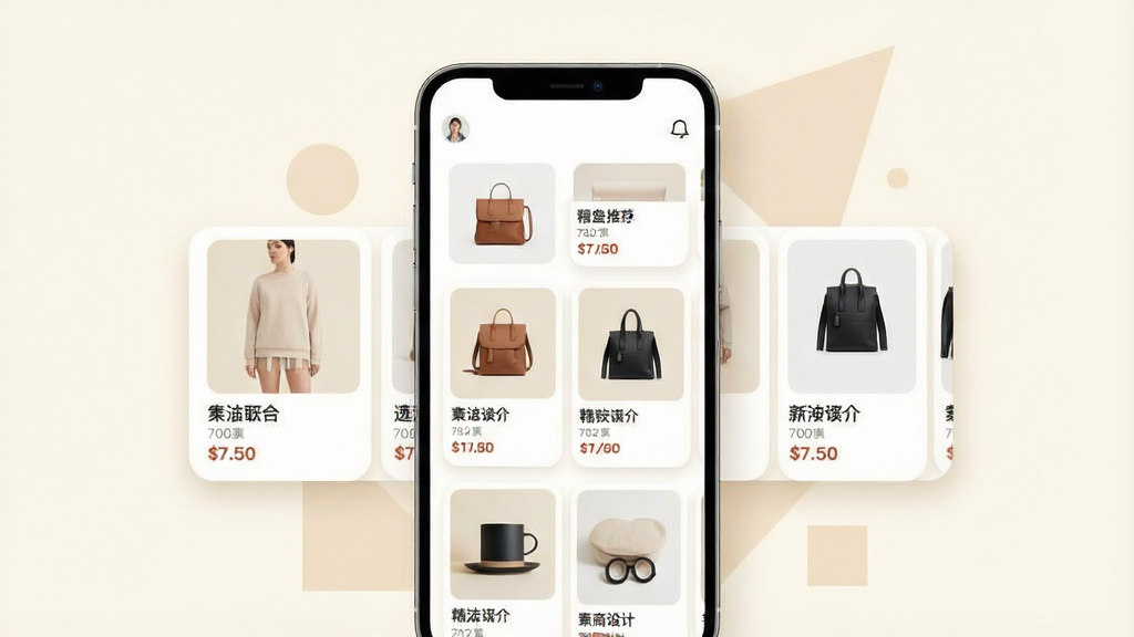 一张手机购物应用精选推荐页面展示图,画面中央为竖屏手机,屏幕内呈现横向滑动的商品推荐卡片,每张卡片包含商品图片、名称与价格标签,页面背景为柔和的米白色,手机后方有浅色几何图形装饰,风格为电商精选展示风,构图简洁明快,细节表现卡片圆角与阴影,画质清晰,干净,无多余元素