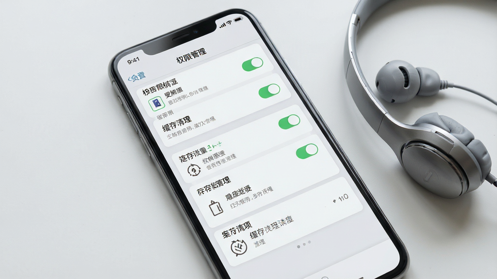 一张手机应用设置与权限管理界面的展示图,画面主体为智能手机屏幕,屏幕内呈现应用权限列表与缓存清理选项,界面以卡片式布局排列,背景为浅灰色,手机旁放置一副耳机,风格为科技实用风,构图干净利落,细节清晰展现开关按钮与文字条目,画质清晰,干净,无多余元素