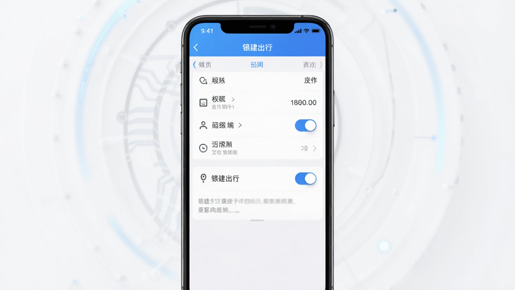 银建出行应用权限设置示意画面,主体为手机设置界面与定位权限开关,布局为屏幕居中展示,排版清晰,风格为简约科技感,细节包含权限列表与开关按钮,画质高清,画面干净,无多余元素