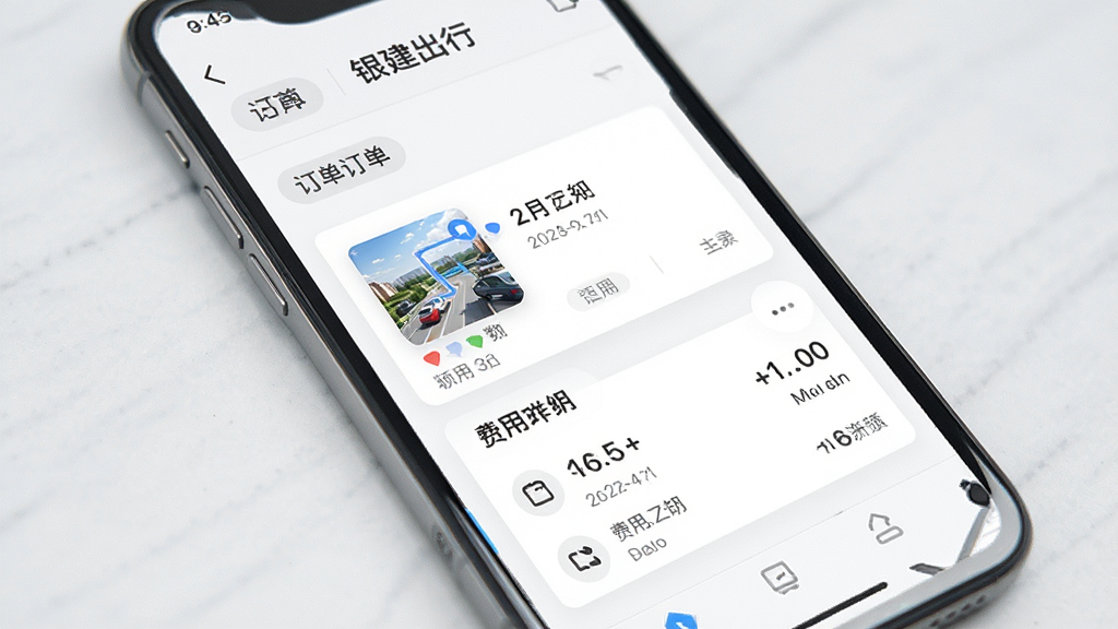 银建出行行程记录页面展示,主体为手机屏幕中的订单列表与费用明细卡片,布局为上下排列,排版整齐,风格为清爽浅色系界面,细节包含日期标签、路线缩略图与金额数字,画质清晰,画面干净,无多余元素
