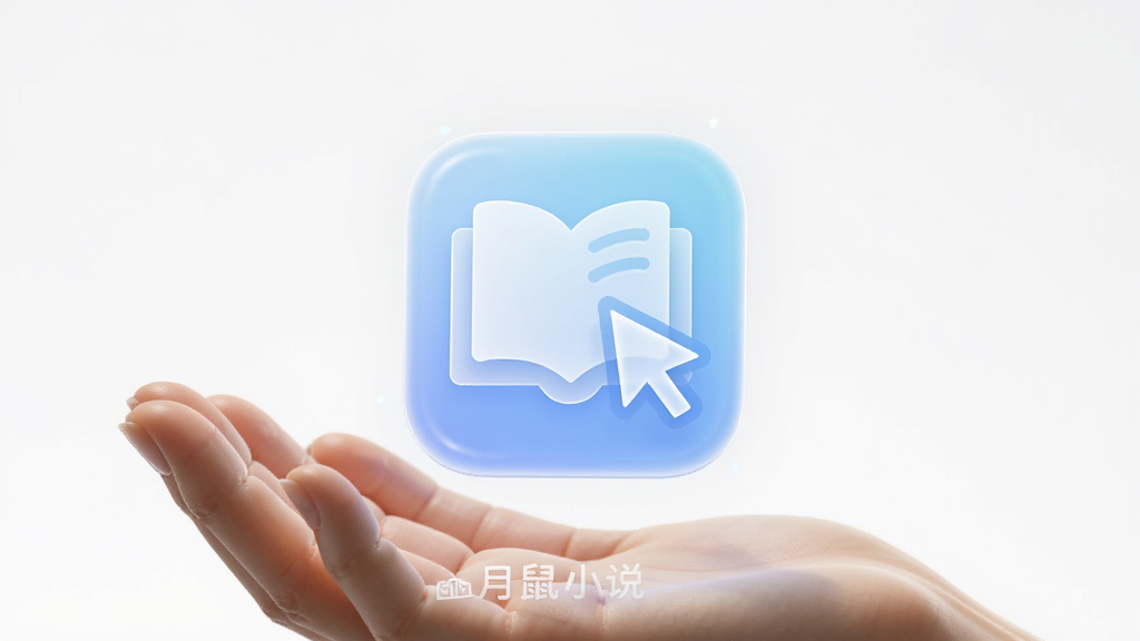 画面主体为一个半透明的轻量化应用图标悬浮在手掌上方,图标内部隐约可见书本与鼠标指针的组合图形,布局为居中特写,风格为极简3D渲染,细节包括干净的白色背景、图标边缘有细微的光晕、手掌呈托举姿态、整体色调以浅蓝和白色为主,画质细腻无噪点,画面中可带