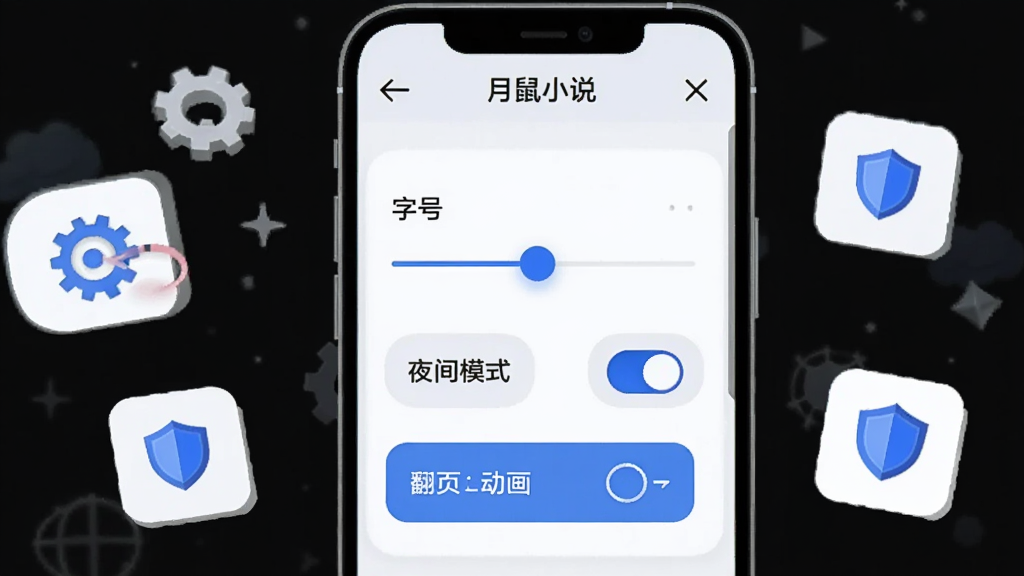 画面主体为一部手机屏幕显示月鼠小说的阅读设置面板,面板上有字号调节滑块、夜间模式开关和翻页动画选项,布局为手机居中、周围漂浮着齿轮和盾牌小图标,风格为简洁的UI示意图,细节包括浅色背景、圆角控件、蓝色高亮选中状态,画质清晰干净,画面中可带