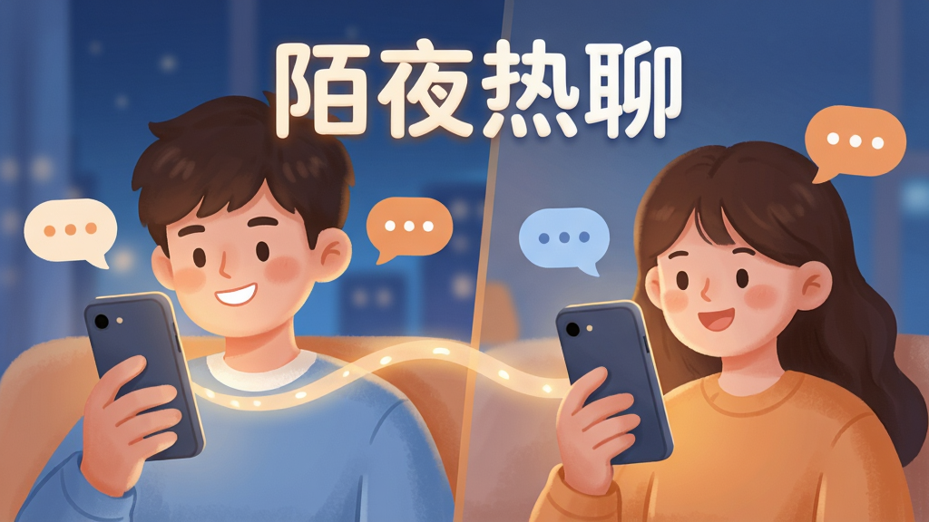 主体是两位年轻人隔着手机屏幕微笑对话的场景,布局为左右分屏构图,左侧男生手持手机,右侧女生手持手机,中间用一条光带连接,排版突出“陌夜热聊”四字标题在画面上方,风格为温暖治愈系插画,细节包含圆润的人物造型、柔和的橙蓝色调、漂浮的对话气泡,画质高清、干净、无多余元素