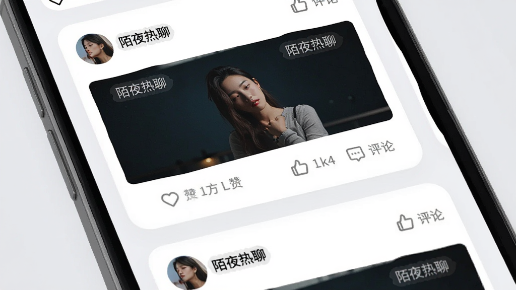 主体是手机屏幕内的动态广场信息流,布局为纵向卡片式排版,每张卡片含头像、昵称、“陌夜热聊”水印、配图与点赞评论按钮,风格为现代简约UI展示图,细节包含浅灰背景、圆角卡片、清晰图标,画质高清、干净、无多余元素