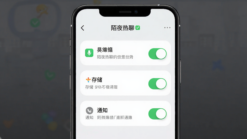 主体是手机屏幕显示“陌夜热聊”权限设置页面,布局为居中纵向列表排版,包含麦克风、存储、通知三个权限开关,风格为清新浅色UI示意图,细节包含绿色对勾图标、灰色说明文字、圆角开关控件,画质高清、干净、无多余元素