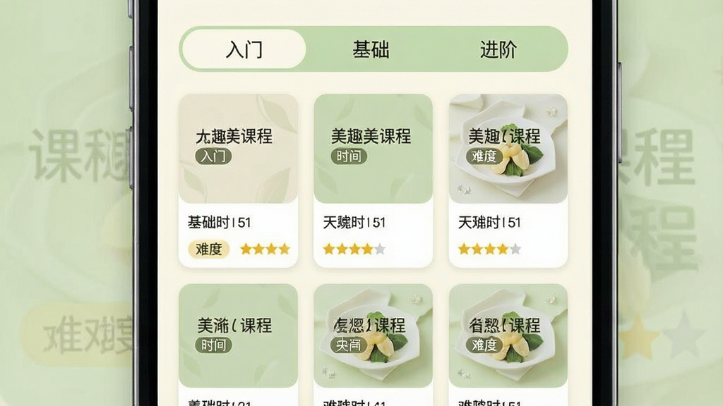 一张展示美趣美课程分类页面的手机界面图,画面采用卡片式布局,顶部为“入门”“基础”“进阶”三个标签切换栏,下方网格状排列着六张课程封面卡片,每张卡片包含课程名称、时长标签与难度星级,整体色调以米白与浅绿为主,风格干净清爽,画质清晰,无杂乱装饰元素