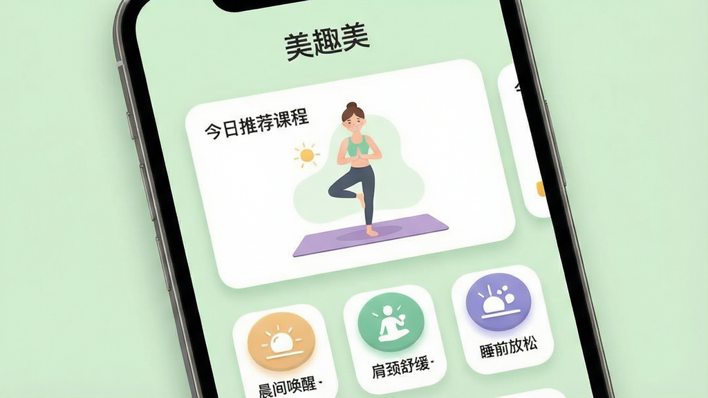一张展示美趣美瑜伽应用主界面的手机屏幕效果图,画面中央是柔和的浅绿色背景,上方显示“美趣美”应用名称与今日推荐课程卡片,卡片内有一位女性用户在瑜伽垫上做树式动作的插画,下方排列着晨间唤醒、肩颈舒缓、睡前放松三个课程入口图标,整体布局清晰,风格清新简约,细节上体现圆角卡片与柔和阴影,画质干净细腻,无多余元素