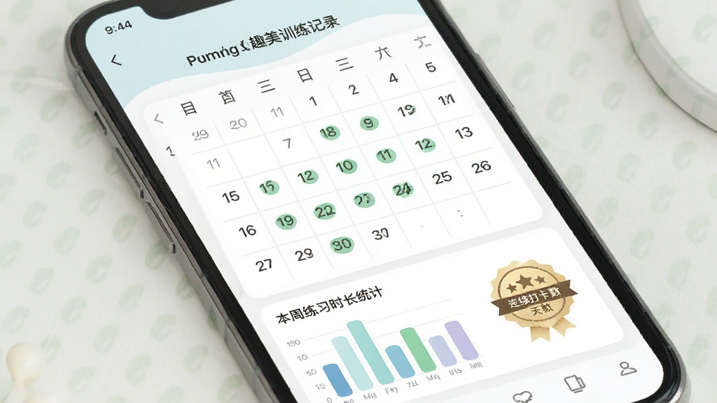 一张展示美趣美训练记录页面的手机界面图,画面中央为月度日历视图,部分日期上标注了绿色圆点表示完成练习,日历下方为本周练习时长统计条形图与连续打卡天数徽章,整体布局规整,色调柔和,风格清新,画质细腻,无多余元素