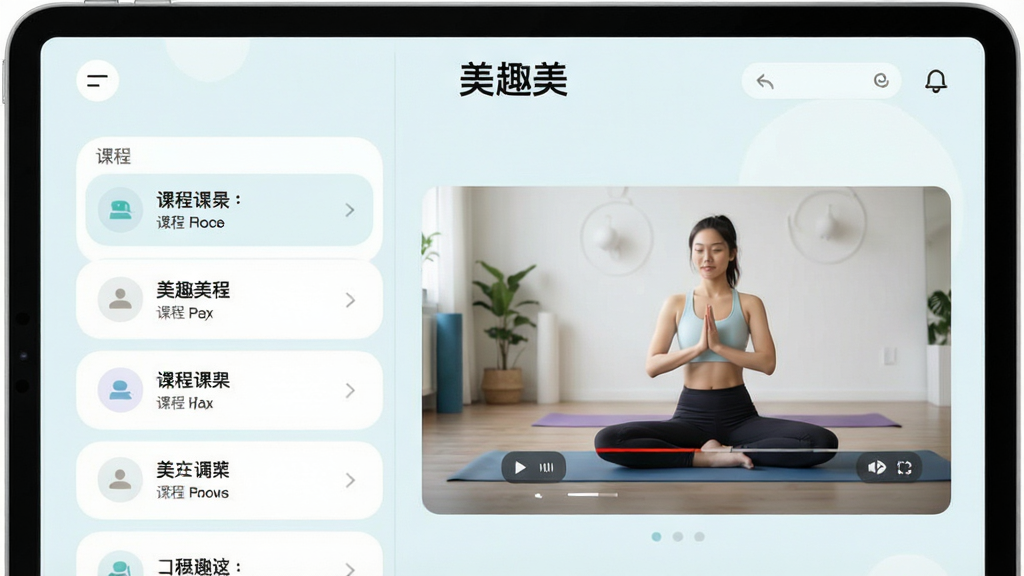 一张展示美趣美在平板设备上分栏布局的效果图,画面左侧为课程列表栏,右侧为正在播放的瑜伽演示画面,界面顶部有“美趣美”字样,整体采用浅色背景与圆角设计,风格清爽,画质清晰,无多余装饰