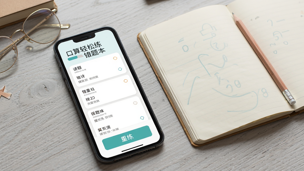一张口算轻松练错题本功能的界面展示图,画面为手机屏幕内错题列表与重练按钮的布局,屏幕旁放置一本打开的笔记本和一支铅笔,背景为浅灰色木质桌面,风格温馨学习氛围,细节丰富,画质清晰,无多余元素
