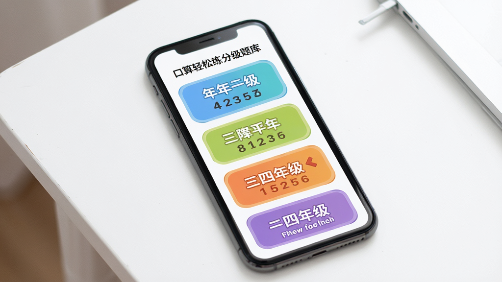 一张口算轻松练分级题库界面的展示图,画面主体为手机屏幕中排列整齐的难度关卡图标,从一年级到四年级依次递进,图标采用圆角卡片设计,配色活泼,背景为干净的白色桌面,布局清晰,风格现代简约,画质细腻,无多余元素