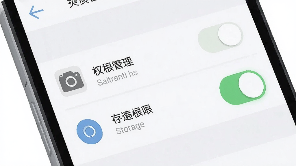 一张手机应用权限设置界面示意图,画面为手机屏幕特写,显示权限管理列表,相机与存储权限开关处于开启状态,背景为浅色设置页面,风格为实用教程插图,细节包括权限图标、开关按钮高亮,画质清晰,干净,无多余元素