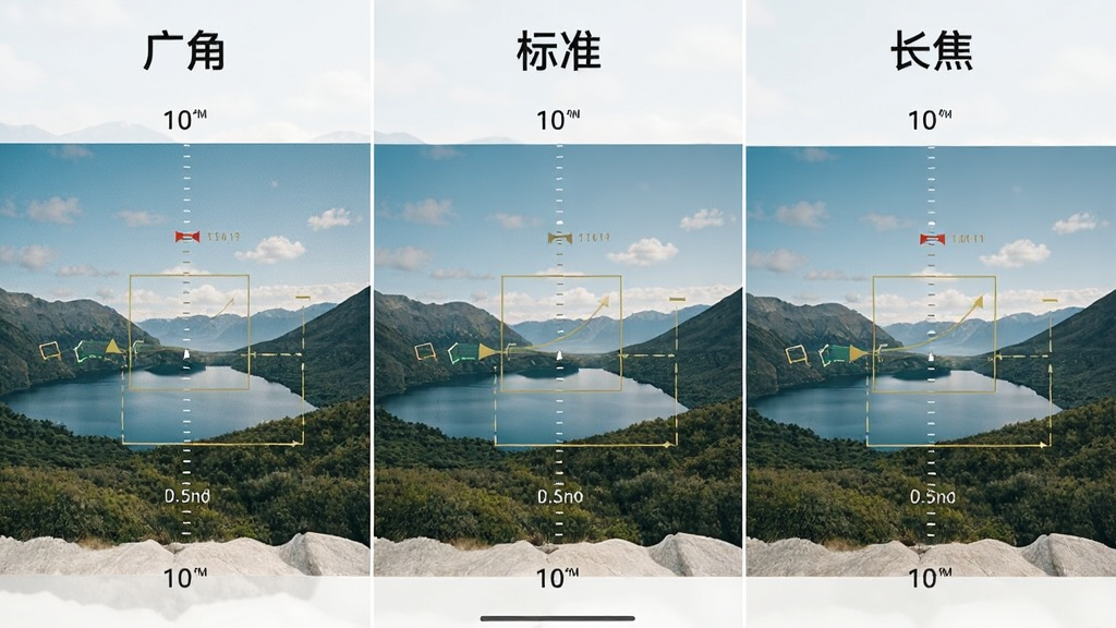 一张展示手机多焦段拍摄对比的示意图,画面分为三格并排布局,分别标注“广角”“标准”“长焦”字样,每格内为同一场景不同视野的风景照片,整体风格为清爽的信息图风格,细节包括焦段刻度线、视角示意框,画质清晰,干净,无多余元素