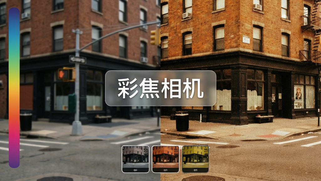 一张展示彩焦相机滤镜效果的对比图,画面左右分栏布局,左侧为原图风格的城市街角,右侧为套用胶片滤镜后的同场景画面,色调偏暖带颗粒感,画面中间有“彩焦相机”字样的半透明标签,风格为摄影后期展示风,细节包括色彩渐变条、滤镜缩略图,画质清晰,干净,无多余元素