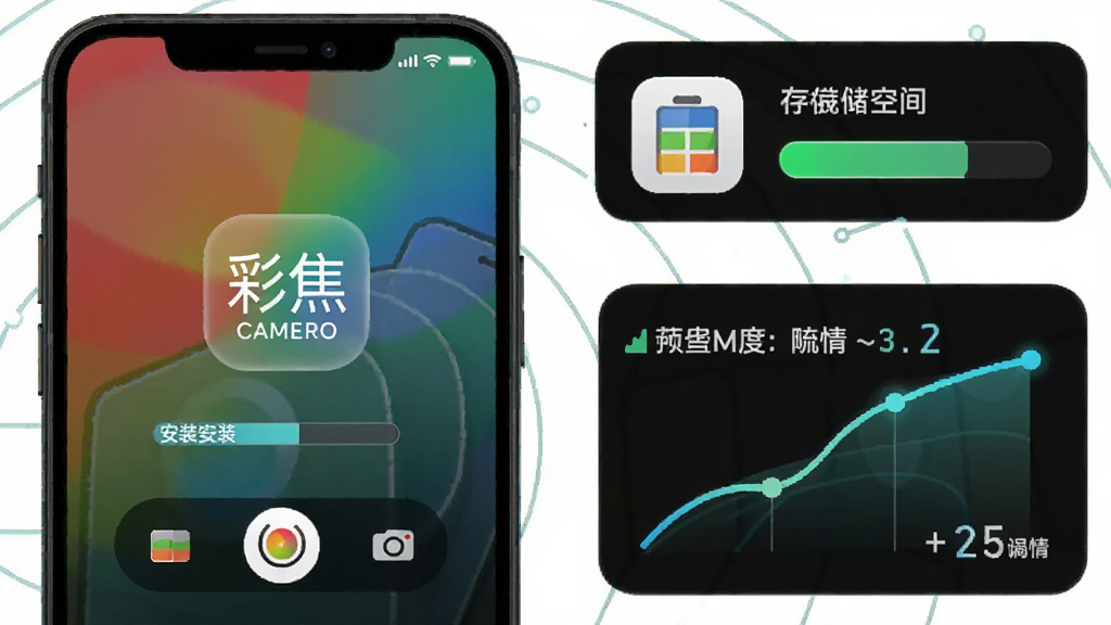 一张展示手机应用安装与运行状态的示意图,画面中一部手机屏幕显示彩焦相机启动画面,旁边配有存储空间占用的小图标与流畅度示意曲线,整体风格为简洁的科技说明图,细节包括安装进度条、运行帧率数字,画质清晰,干净,无多余元素