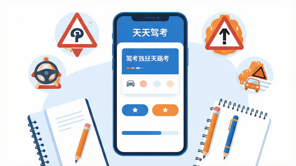 画面中央放置一部竖屏智能手机,手机屏幕内展示驾考刷题应用界面,顶部显示“天天驾考”字样,界面包含题目卡片、选项按钮和进度条,手机周围环绕交通标志图标与笔记本、铅笔等学习元素,整体采用扁平插画风格,配色以蓝白为主辅以少量橙色点缀,布局居中对称,背景干净简洁,画质清晰锐利,无多余装饰元素