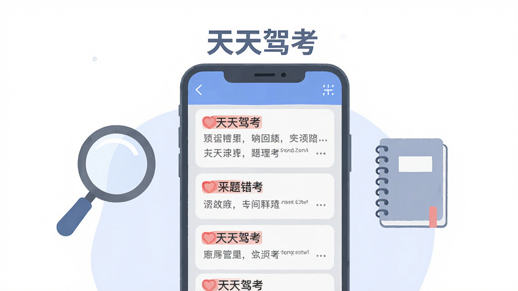 画面中央为一部手机屏幕,屏幕内显示错题列表界面,列表项带有红色标记与题目摘要,屏幕上方悬浮“天天驾考”名称,手机旁边放置放大镜与笔记本图标象征整理归纳,采用柔和扁平插画风格,配色以浅灰与蓝色为主,布局居中,背景干净,画质清晰,无多余元素