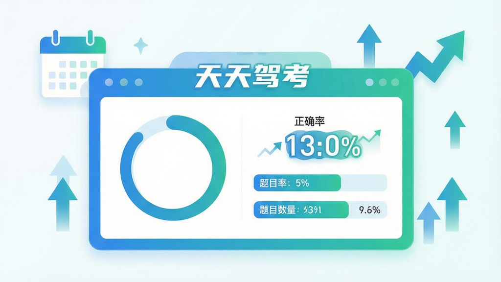 画面中央为一个数据统计面板,面板内包含环形进度图、正确率百分比数字与题目数量统计条,面板上方标注“天天驾考”文字,周围点缀日历与上升箭头图标,整体采用清爽扁平化风格,配色以蓝绿渐变与白色为主,布局居中对称,背景简洁,画质清晰,无多余装饰