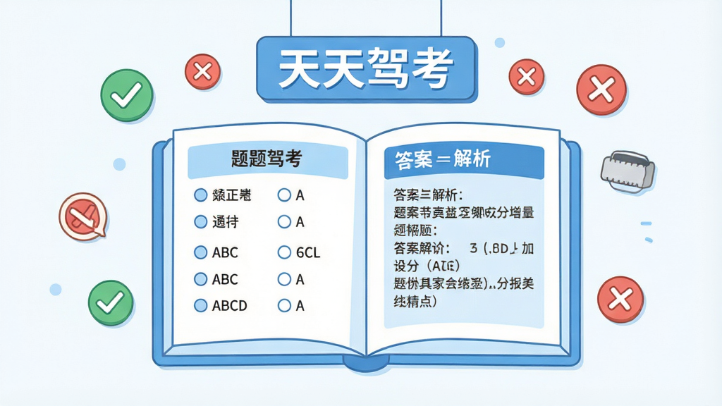 画面中央一本书本样式的题库卡片展开,卡片左侧列出题目文字与ABCD选项,右侧显示答案与解析区域,卡片上方悬浮“天天驾考”文字标识,周围点缀对勾与叉号图标表示答题正误,采用简洁扁平插画风格,主色调为浅蓝与白色,布局居中,背景干净,画质清晰,无多余元素
