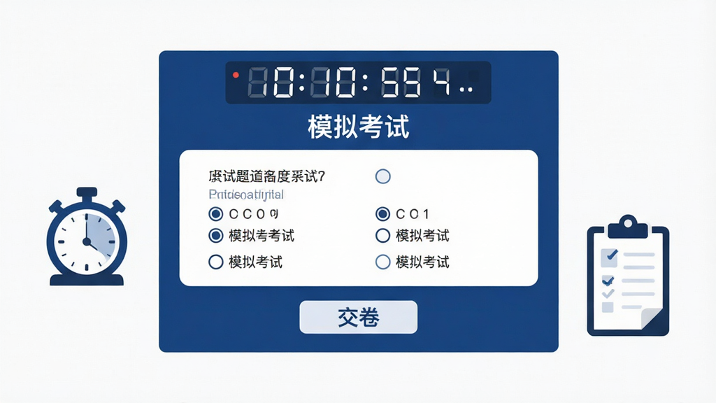 画面中央展示一块横向考试面板,面板顶部显示倒计时数字与“模拟考试”字样,中部为题目与选项区域,底部为交卷按钮,面板旁边放置计时器与评分表图标,整体为扁平化界面风格,配色以深蓝和白色为主,布局规整居中,背景简洁干净,画质清晰,无杂乱装饰