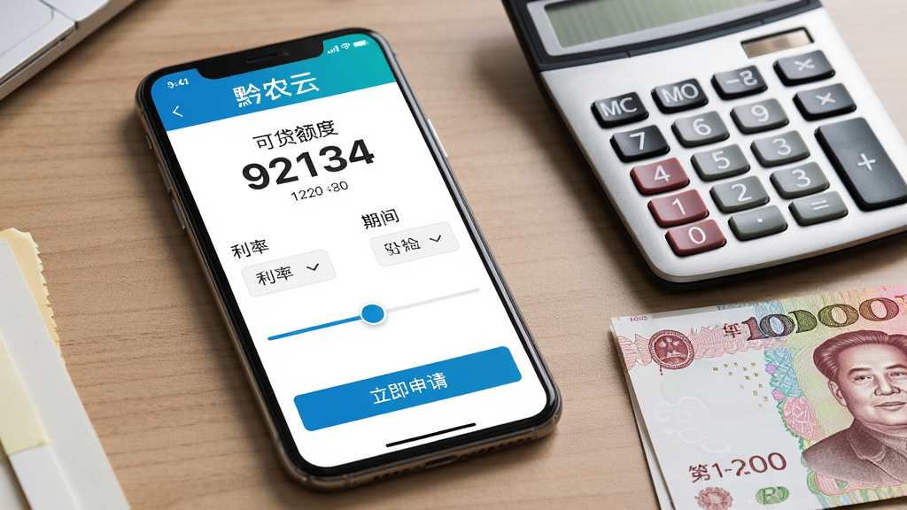 画面主体是一部手机屏幕显示黔农云贷款申请页面,页面上方有可贷额度数字展示,中部为利率与期限选择滑块,底部为立即申请按钮,手机放置在一张办公桌上,旁边有一台计算器和几张百元钞票,布局为手机居中偏左、计算器和钞票在右侧作为点缀,排版突出贷款额度信息,风格为商务写实摄影,细节包括屏幕数字清晰可见、计算器按键纹理、钞票边缘细节,画质为高清4K、干净无多余元素