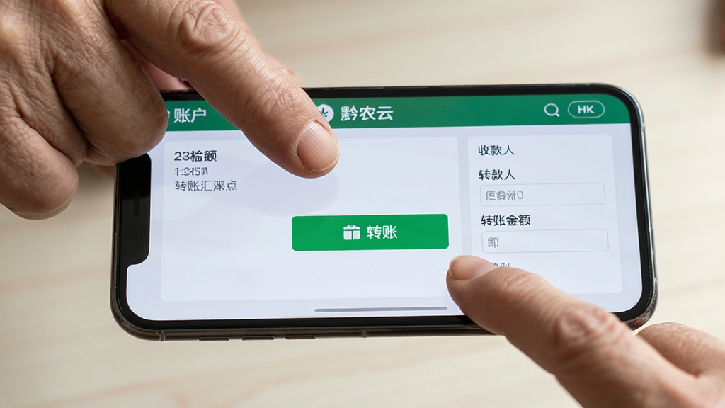 画面主体是一部手机横屏展示黔农云转账汇款操作界面,界面中央有一个醒目的绿色转账按钮,周围环绕着账户余额、收款人信息、转账金额等填写栏目,手机屏幕上方有一双老年夫妇的手指正在点击屏幕,布局为手机居中、手指从画面右下方伸入,排版突出屏幕内容,风格为写实纪实摄影,细节包括手机屏幕玻璃反光、手指皮肤纹理、浅色背景虚化,画质为高清4K、干净无多余元素