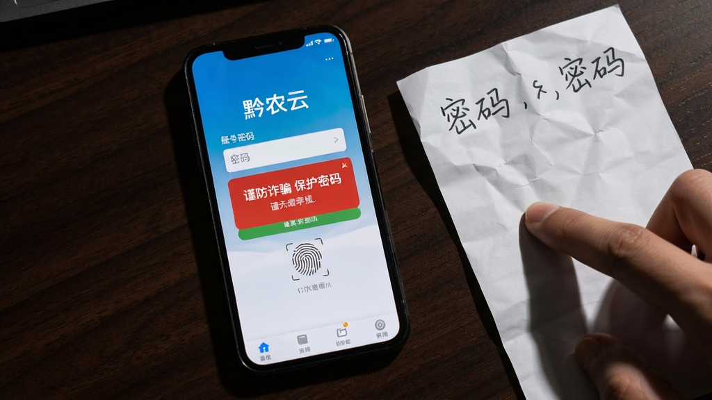 画面主体是一部手机屏幕显示黔农云登录页面,页面上有账号密码输入框和指纹识别图标,屏幕中央弹出一个红色警示框写着“谨防诈骗 保护密码”,手机放置在深色桌面上,旁边有一张写有密码的纸条被手按住,布局为手机居中、手从右侧伸入按住纸条,排版突出警示框内容,风格为警示纪实摄影,细节包括警示框红色边框、纸条褶皱纹理、手指阴影,画质为高清4K、干净无多余元素