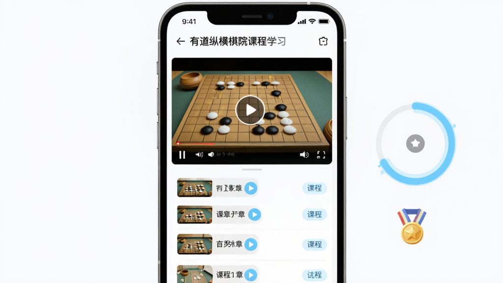 有道纵横棋院课程学习页面,画面主体为一块竖屏手机界面,屏幕内显示围棋教学视频播放窗口与下方排列整齐的课程章节列表,右侧有进度环与奖章图标,布局为上下结构,风格现代教育类应用视觉,细节包含课程缩略图、播放按钮与浅蓝色高亮标签,画质清晰干净,无多余元素
