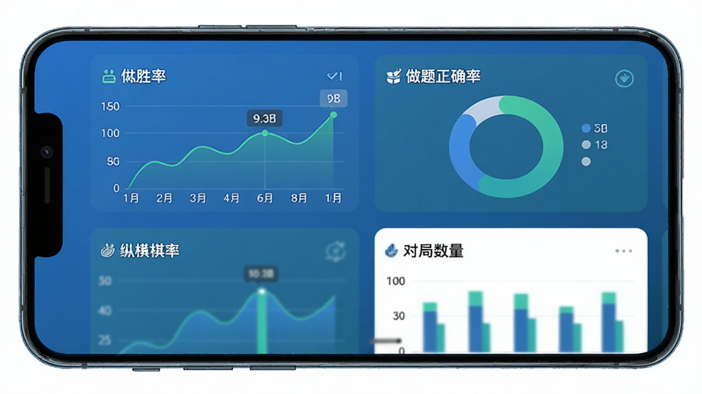 有道纵横棋院学习数据统计界面,画面主体为手机屏幕内的数据面板,包含胜率折线图、做题正确率环形图与对局数量柱状图,配色以蓝绿为主,布局为卡片式纵向排列,风格简洁数据可视化,细节包含图表刻度、数字标签与图标装饰,画质清晰干净,无多余元素