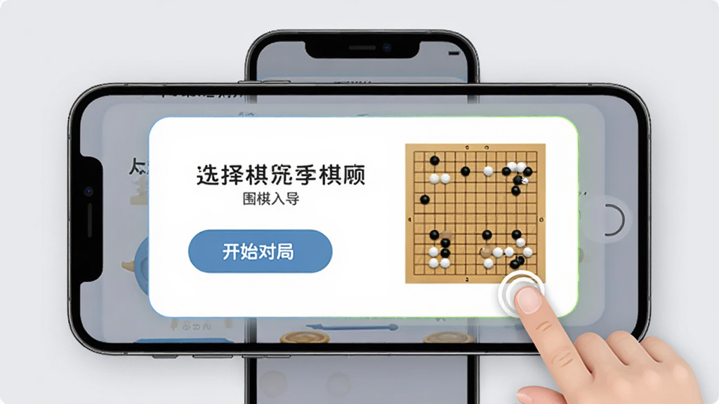 有道纵横棋院新手引导页面,画面主体为手机屏幕内显示的围棋入门引导卡片,包含